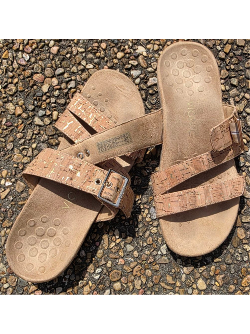 Vionic Cork Double Strap Slide Sandals Size 8 Gold Fleck Comfort Footbed - Picture 10 of 11